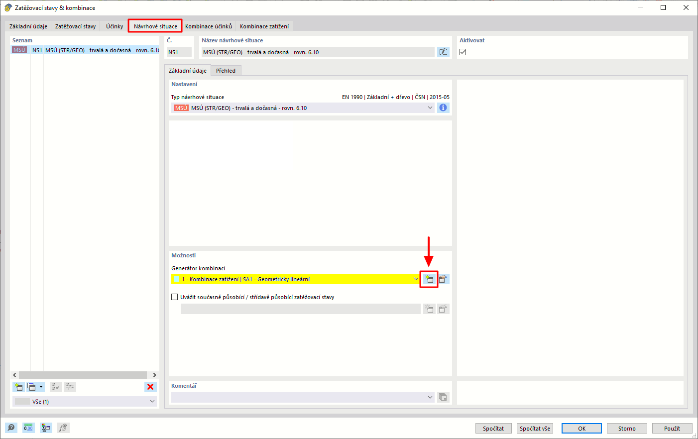Uživatelské rozhraní generátoru kombinací s nastavením a možnostmi pro kombinaci zatížení
