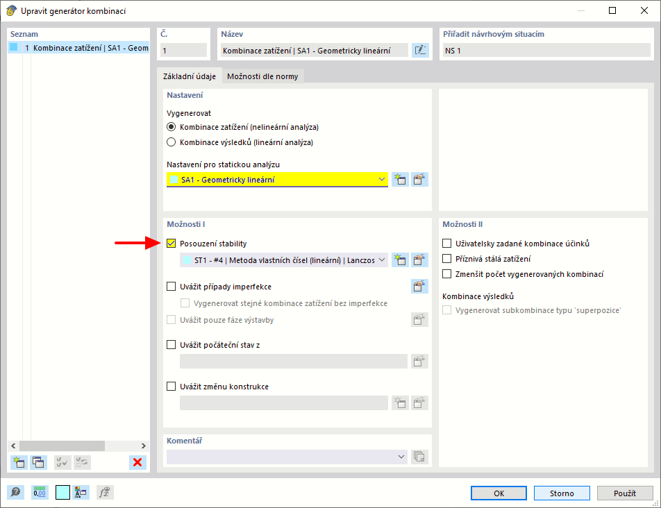 Generátor kombinací ukazuje aktivaci možnosti stabilitní analýzy v uživatelském rozhraní softwarového programu.