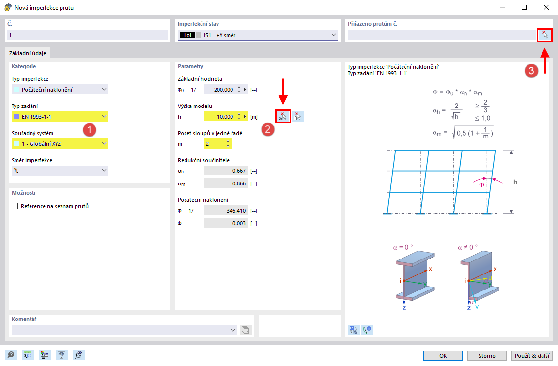 Vizualizace imperfekce sady prutů v nástroji pro analýzu konstrukcí.