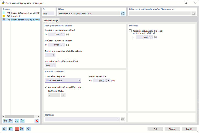 Dialogové okno „Nastavení nastavení pushover analýzy“