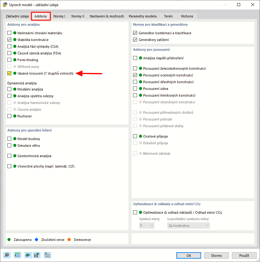 Aktivace addonu Vázané kroucení (7 stupňů volnosti)