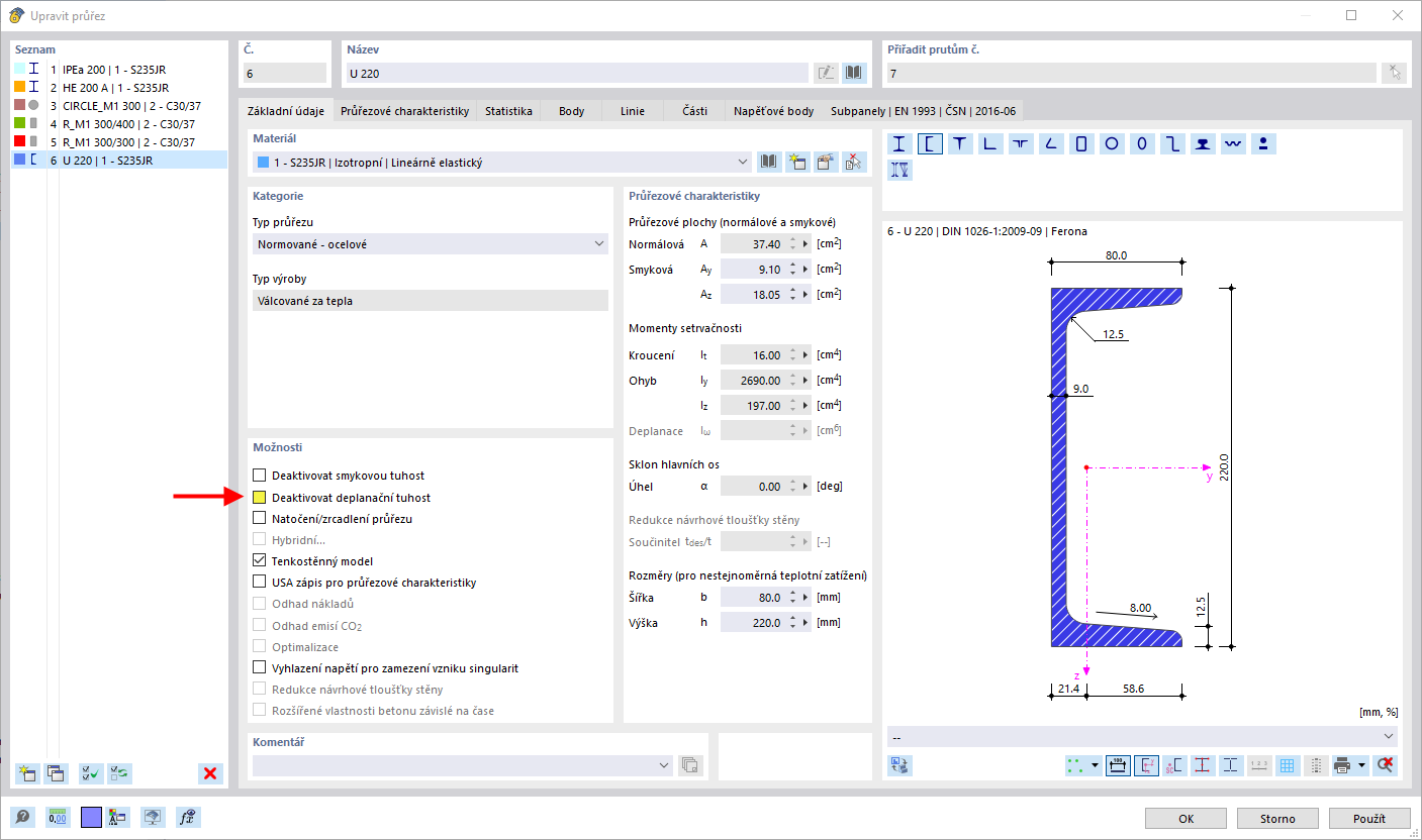 Deaktivace tuhosti deplanace průřezu v softwarovém rozhraní.