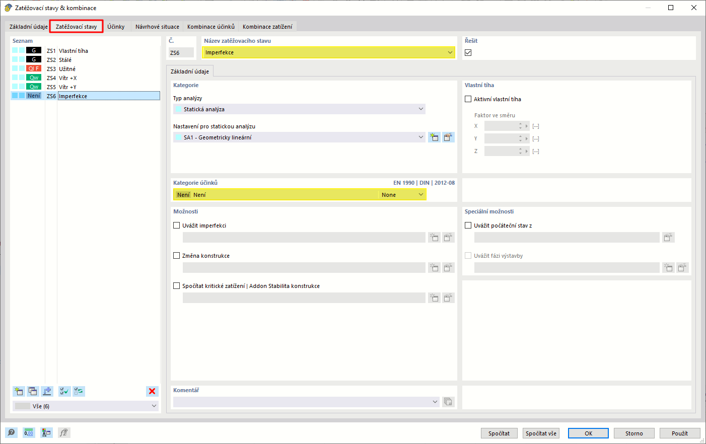 Schéma zatěžovacího stavu bez přiřazené kategorie účinku s definovanou geometrií