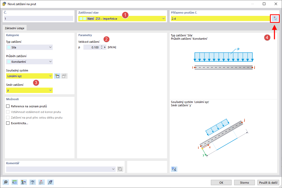 Zobrazení zatížení na prut pro imperfekce způsobené deformací konstrukce.