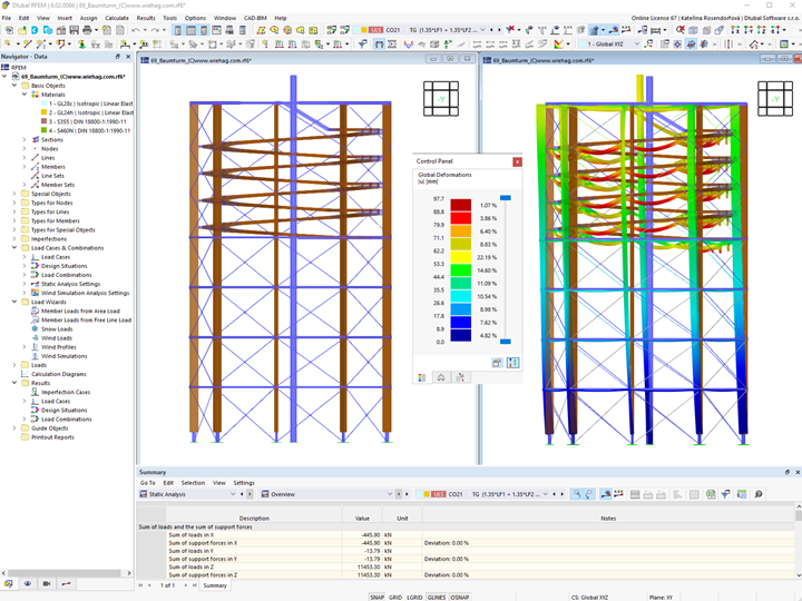 Model a zobrazení deformací věže v programu RFEM