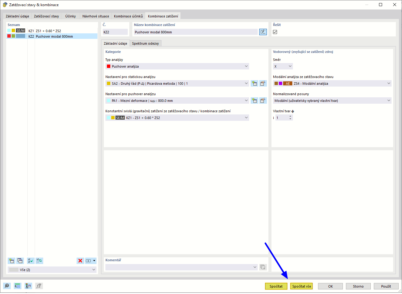 Zahájení výpočtu v dialogu "Zatěžovací stavy a kombinace"