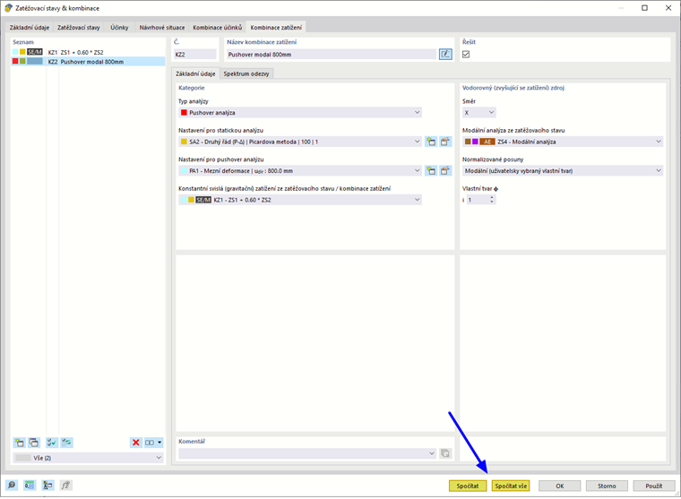 Zahájení výpočtu v dialogu "Zatěžovací stavy a kombinace"