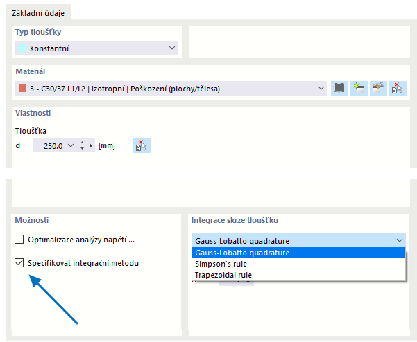 Zadat integrační metodu pro tloušťku plochy