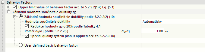 Seizmická konfigurace - základní hodnota součinitele duktility