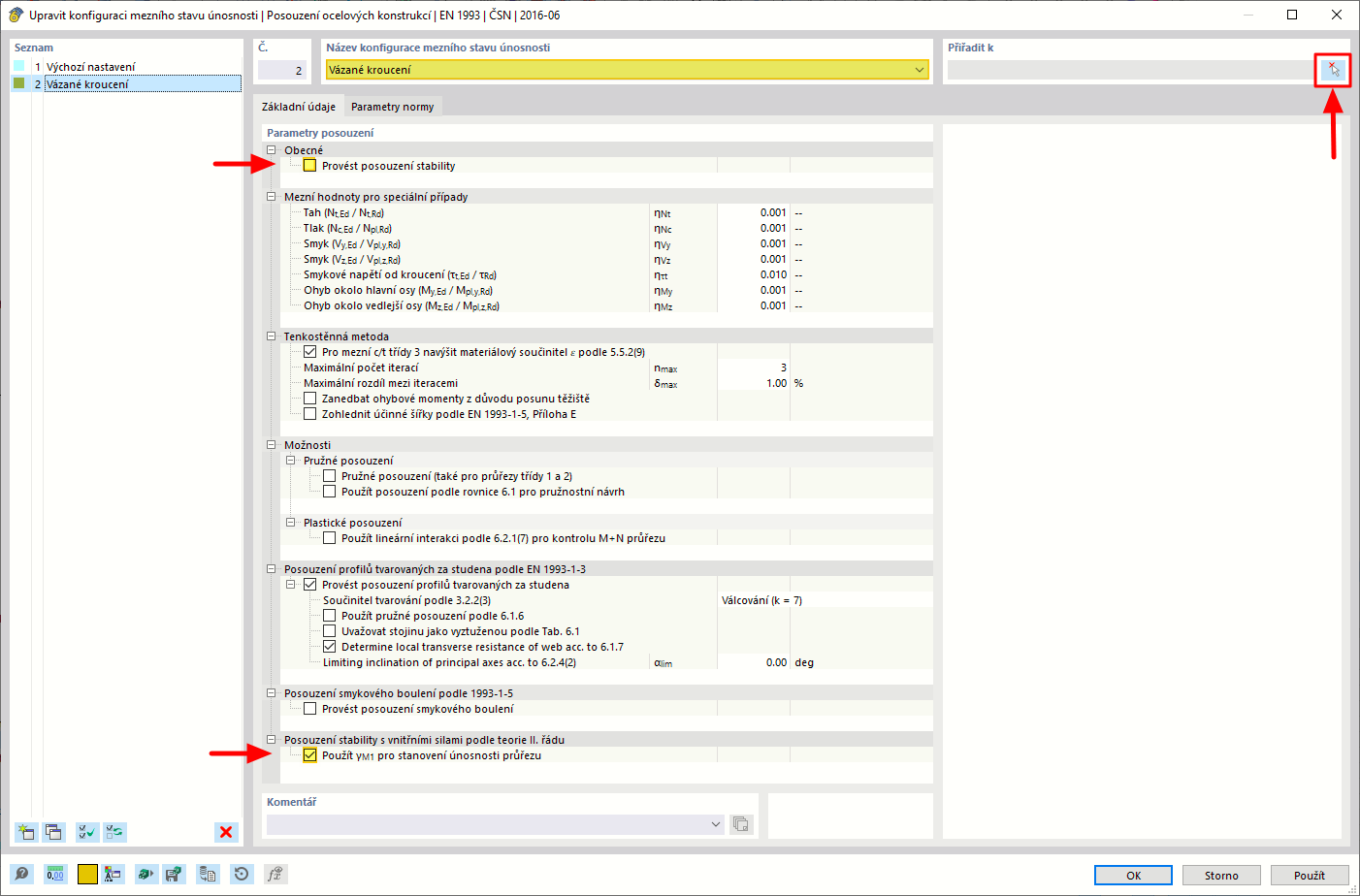 Zobrazení nastavení konfigurace pro posouzení průřezu v konstrukčním modelu