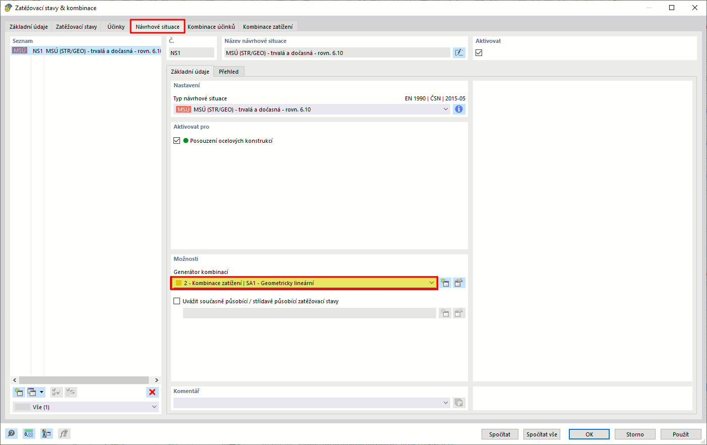Uživatelské rozhraní zobrazuje Generátor kombinací pro výběr norem nebo metod návrhu.