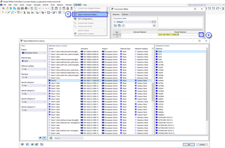 Otevřít převodní tabulky s úplnými názvy materiálů nebo průřezů v programu RFEM