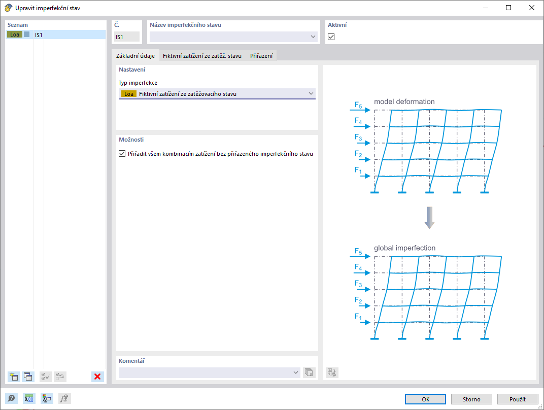Typ imperfekce srovnávací zatížení ze zatěžovacího stavu