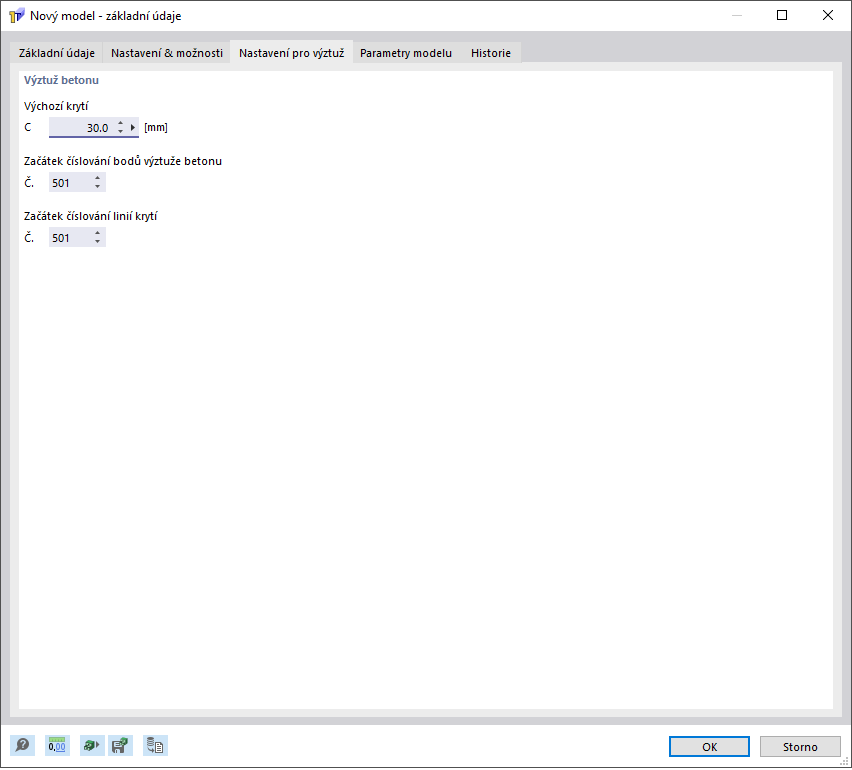 Dialog 'Nový model - základní údaje', záložka 'Nastavení pro výztuž'