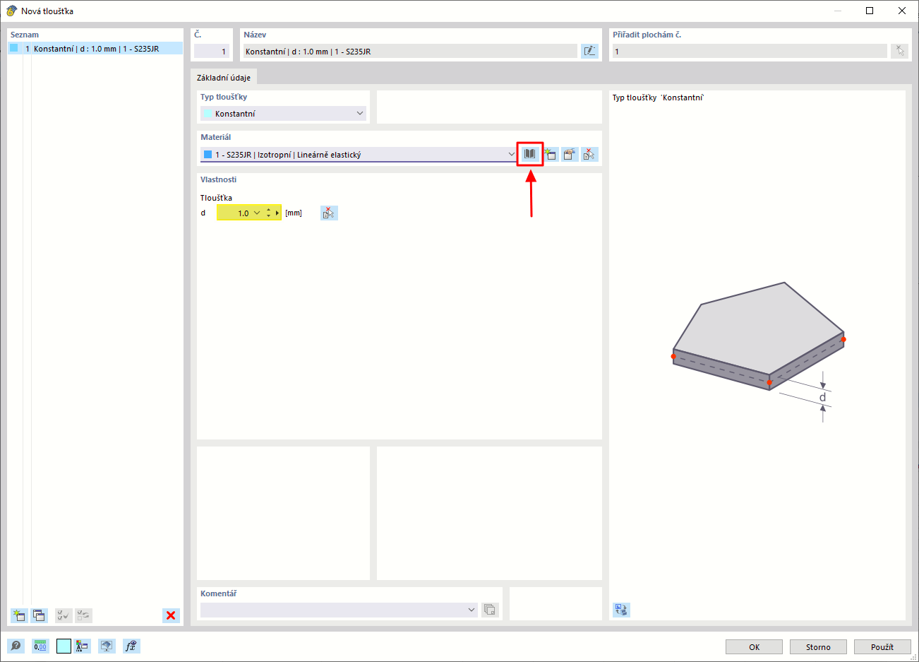 Uživatelské rozhraní pro zadání nové tloušťky materiálu v softwaru pro stavební inženýrství s parametry.