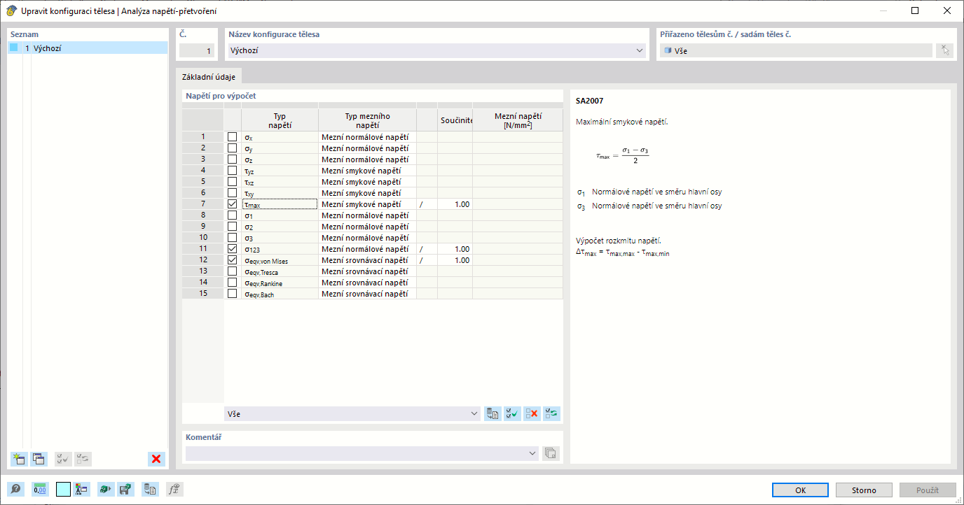 Zobrazení mezních napětí v konfiguraci tělesa ve stavebních kontextech.