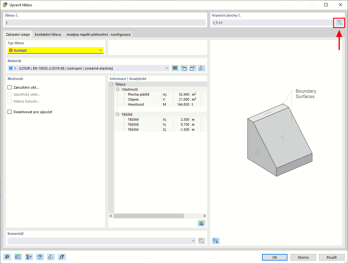 Vizualizace kontaktních vztahů v tělesech v rámci MKP analýzy se speciálními interakcemi povrchu.
