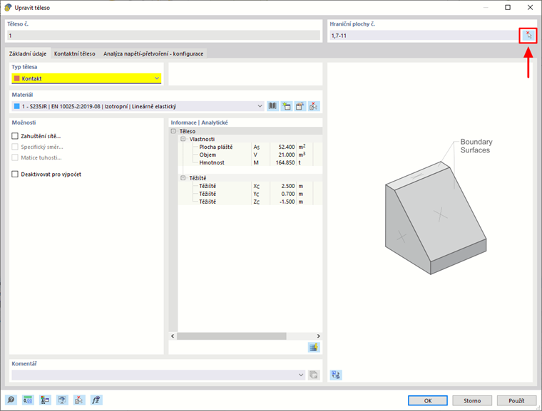 Vizualizace kontaktních vztahů v tělesech v rámci MKP analýzy se speciálními interakcemi povrchu.