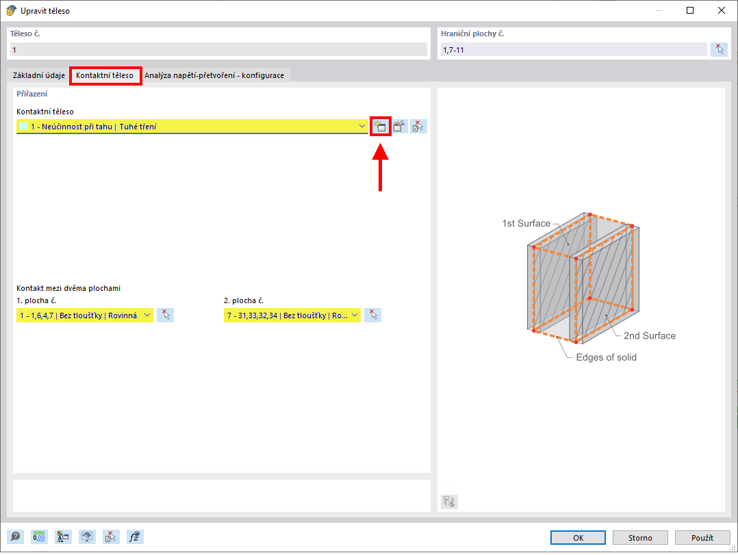 Vytvoření nového kontaktního tělesa v 3D konstrukčním modelu pro statickou analýzu