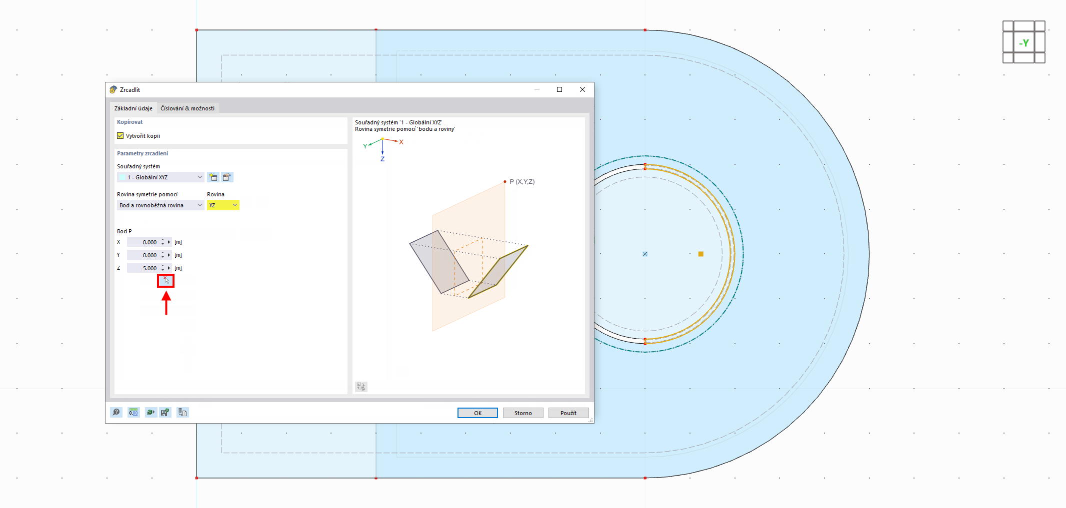 Zobrazení zrcadlového kontaktního tělesa v softwaru CAD pro technické aplikace.
