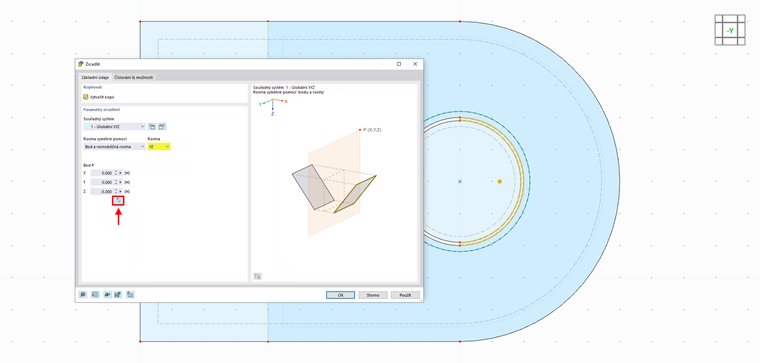 Zobrazení zrcadlového kontaktního tělesa v softwaru CAD pro technické aplikace.