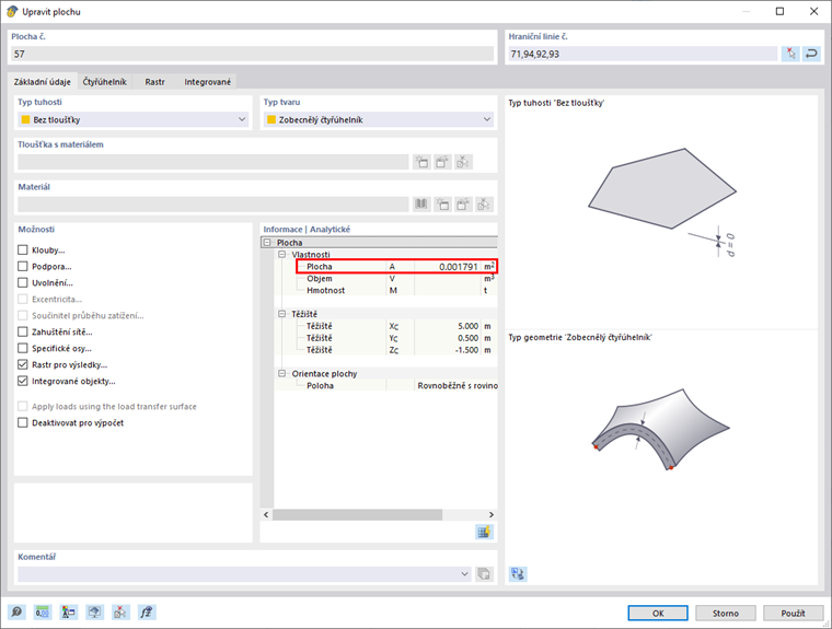 Zobrazení obsahu plochy vybraných ploch v softwarové aplikaci. Plochy jsou barevně zdůrazněny a je zobrazen číselný hodnoty obsahu plochy