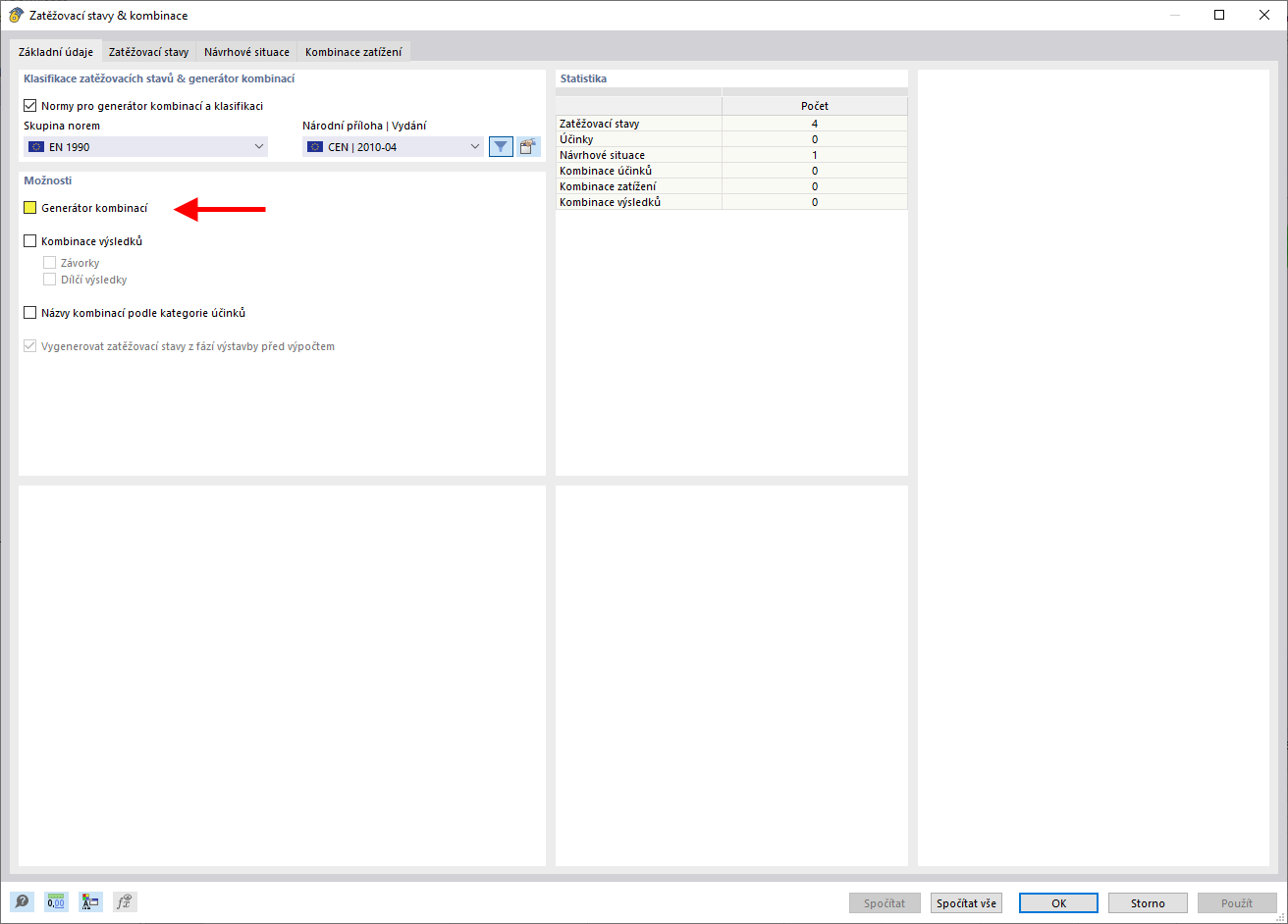 Zobrazení rozhraní pro deaktivaci generátoru kombinací v softwaru. Možnosti menu se zobrazí.