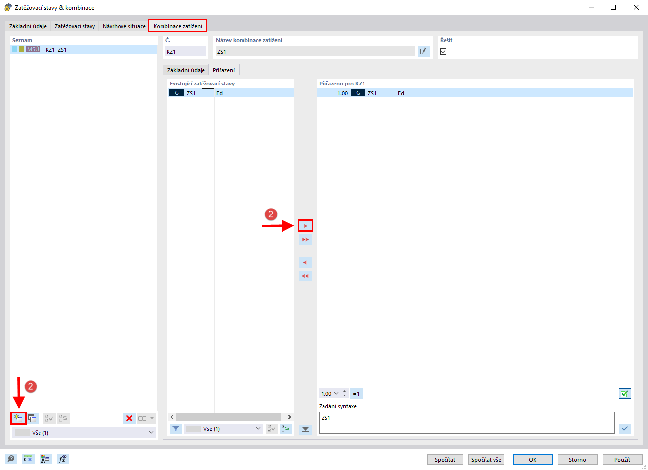 Vizualizace nastavení kombinace zatížení pro stavební projekty v prostředí softwaru.