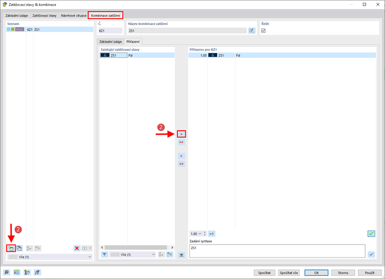 Vizualizace nastavení kombinace zatížení pro stavební projekty v prostředí softwaru.