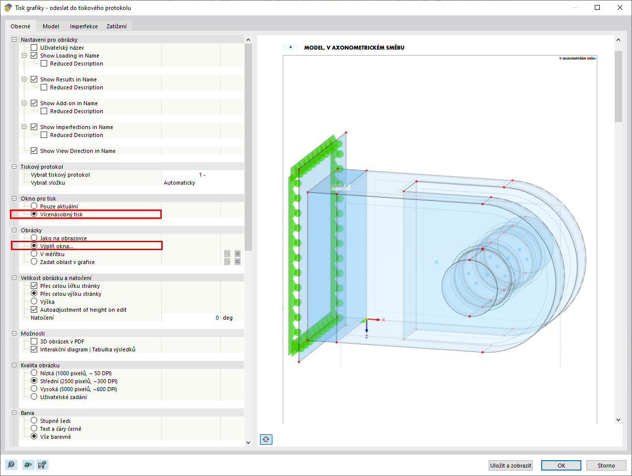Vizualizace možnosti aktivace vícenásobného tisku v programu. Funkce umožňuje vícenásobný tisk dokumentů nebo výkresů v jednom sezení.