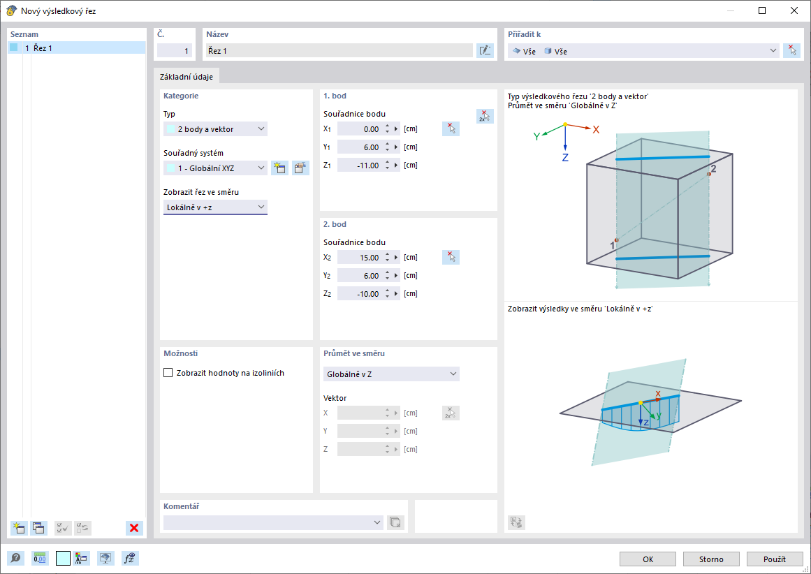 Vizualizace výsledkového řezu pro analýzu deformací konstrukce.