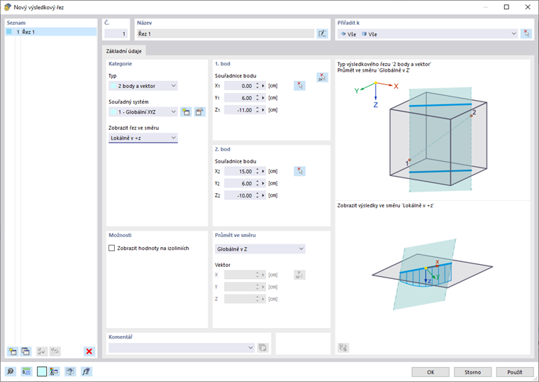 Vizualizace výsledkového řezu pro analýzu deformací konstrukce.