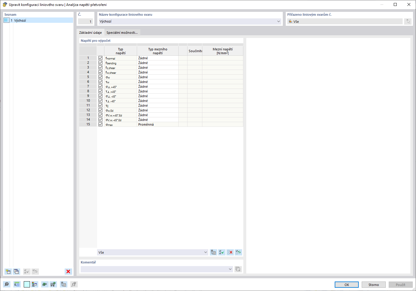 Nastavení pro konfiguraci liniových svarů ve statickém softwaru.