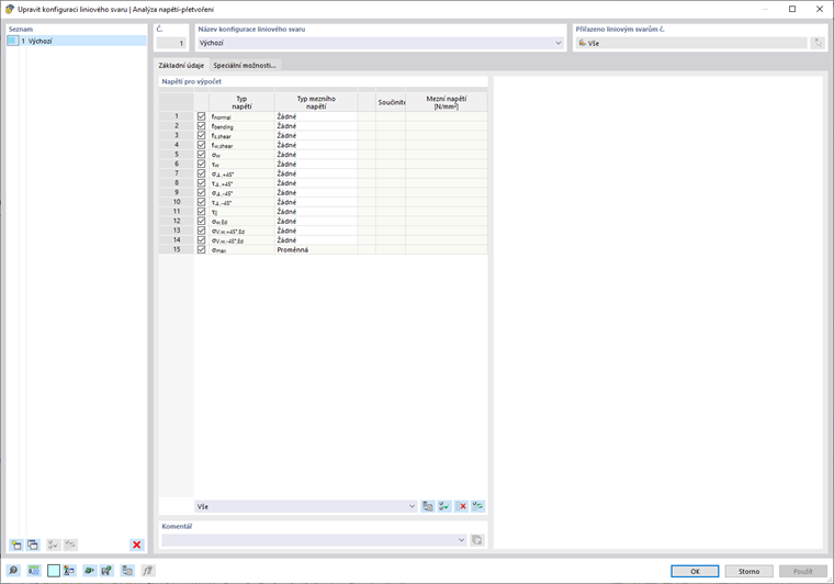 Nastavení pro konfiguraci liniových svarů ve statickém softwaru.