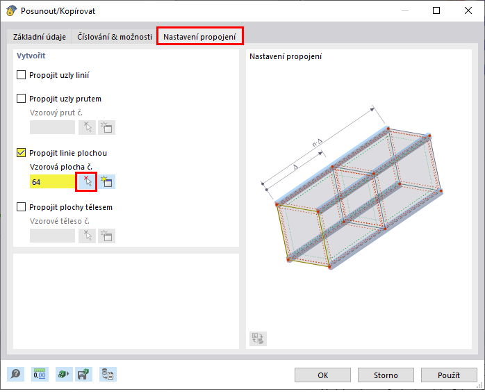 Vizualizace metody spojování linií s plochami v modelu konstrukce pro optimalizaci konstrukčních detailů.