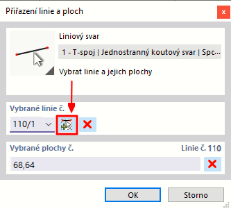 Detailní pohled na přiřazení linií a ploch v liniovém svaru.