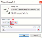 Detailní pohled na přiřazení linií a ploch v liniovém svaru.