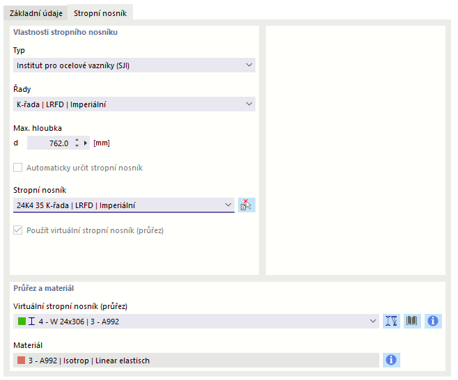 Zadejte vlastnosti virtuálního nosníku