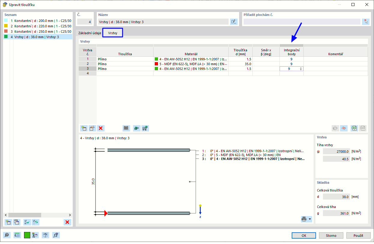 Úprava integračních bodů pro vrstvy