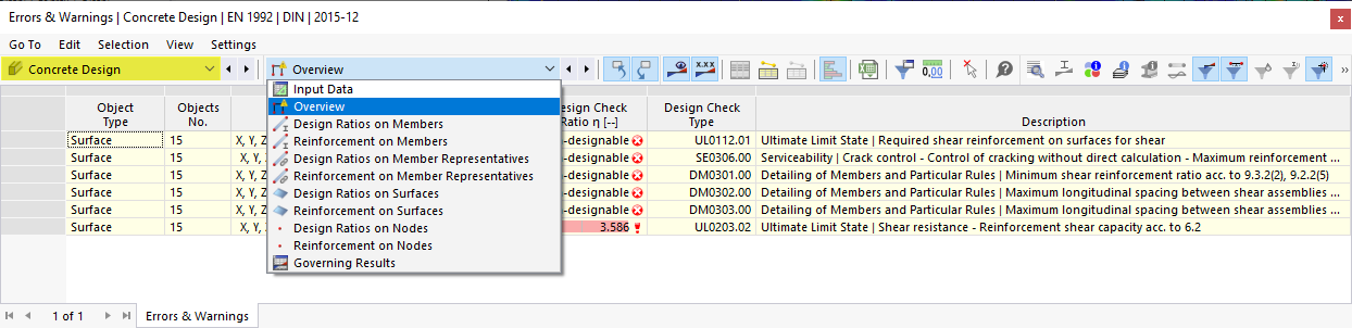 Výsledkové tabulky pro posouzení betonu