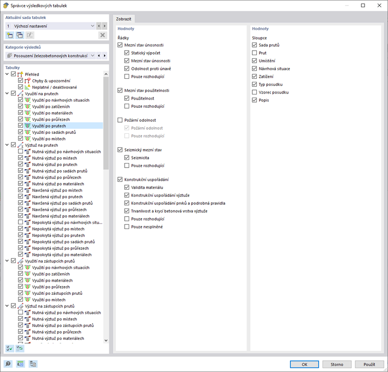 Správce tabulek výsledků pro posouzení betonu