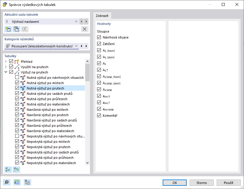 Ve Správci tabulek výsledků lze zadat výstup výztuže