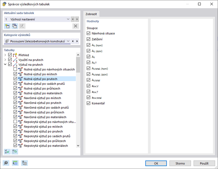 Ve Správci tabulek výsledků lze zadat výstup výztuže