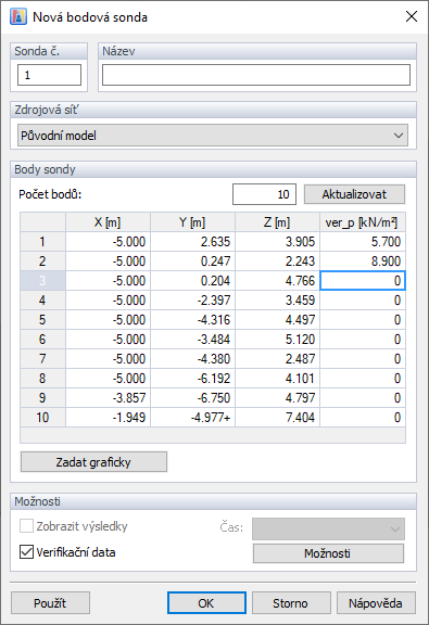 Upravit bodovou sondu, ověřovací data