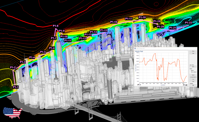 Obrázek 1: Simulace větru v moderním městě pomocí programu RWIND