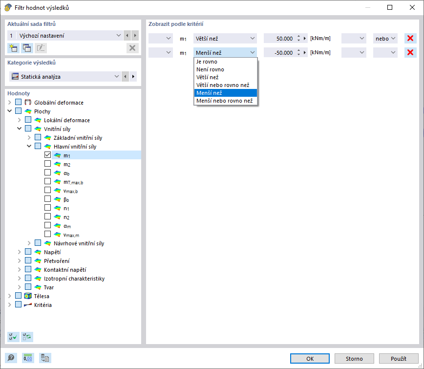 Definice filtrovacích kritérií pro výsledné hodnoty