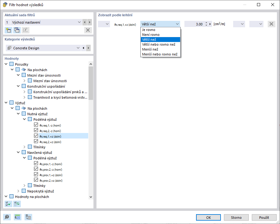 Definujte kritéria pro filtrování hodnot výztuže na plochách
