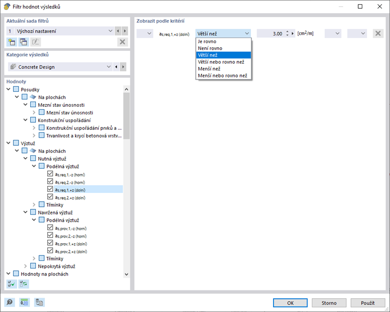 Definujte kritéria pro filtrování hodnot výztuže na plochách