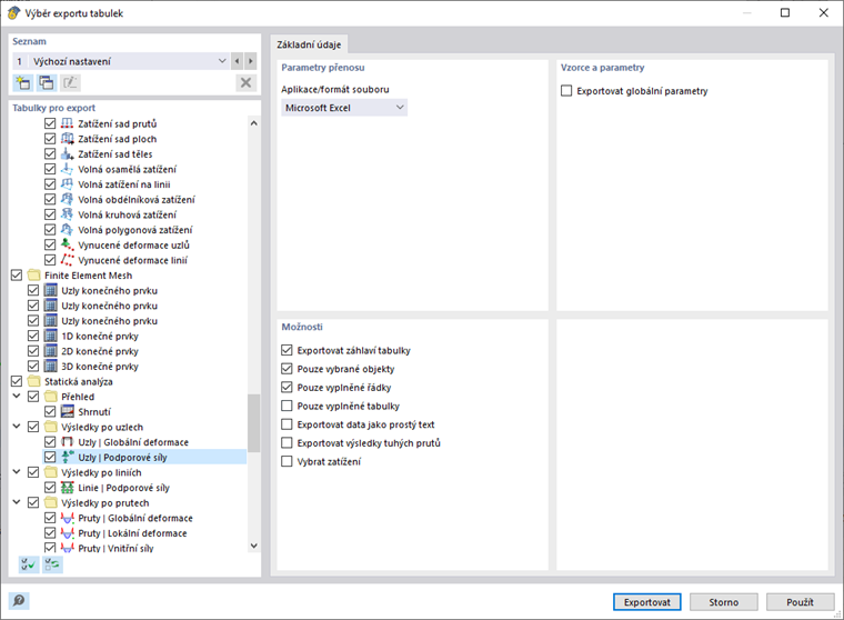 Nastavení pro export tabulky