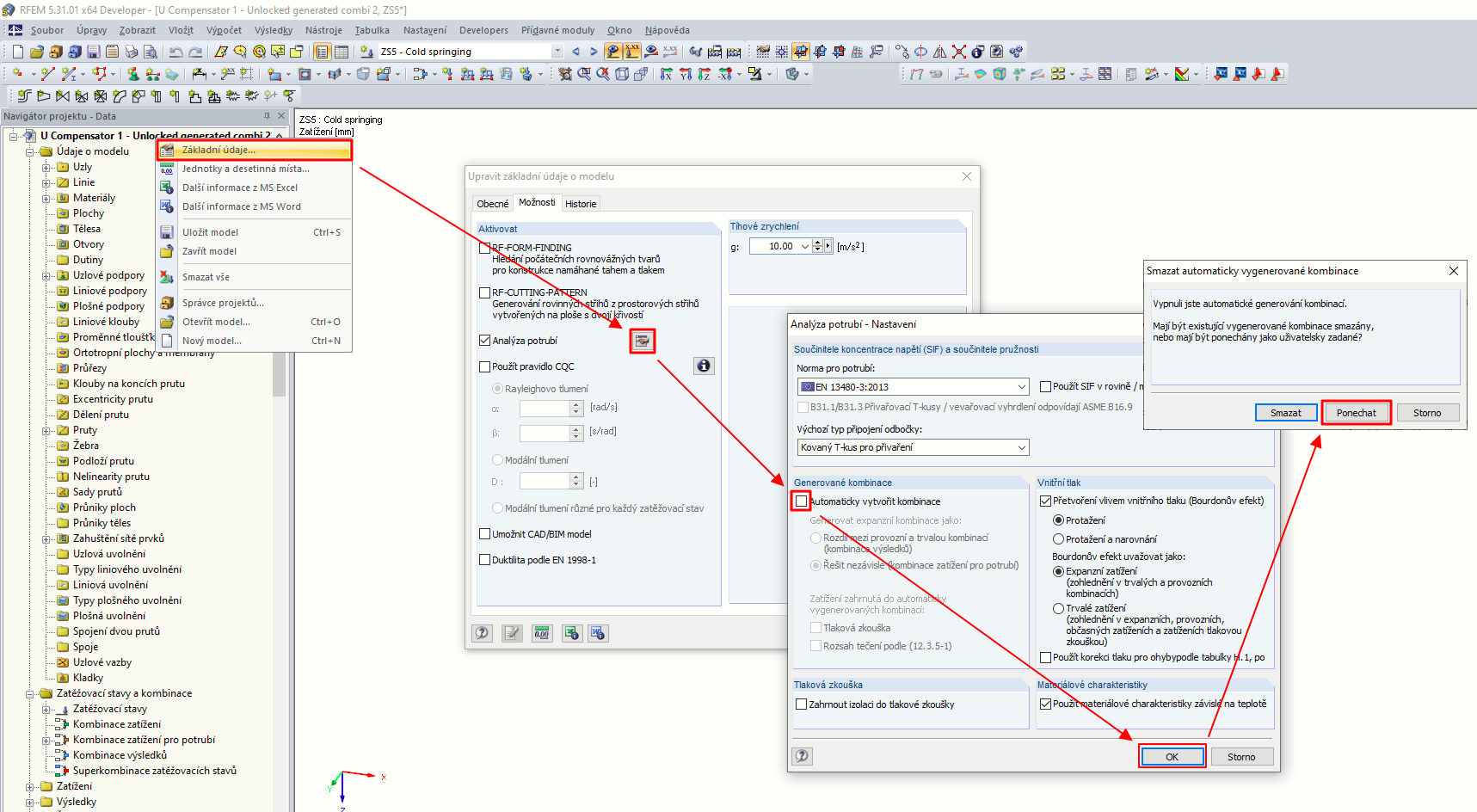FAQ 005405 | Posuzují potrubí pomocí přídavného modulu RF-PIPING Design. Vytvořil jsem si nový zatěžovací stav pro předpětí a zatížil potrubí podélným posuvem.Lz